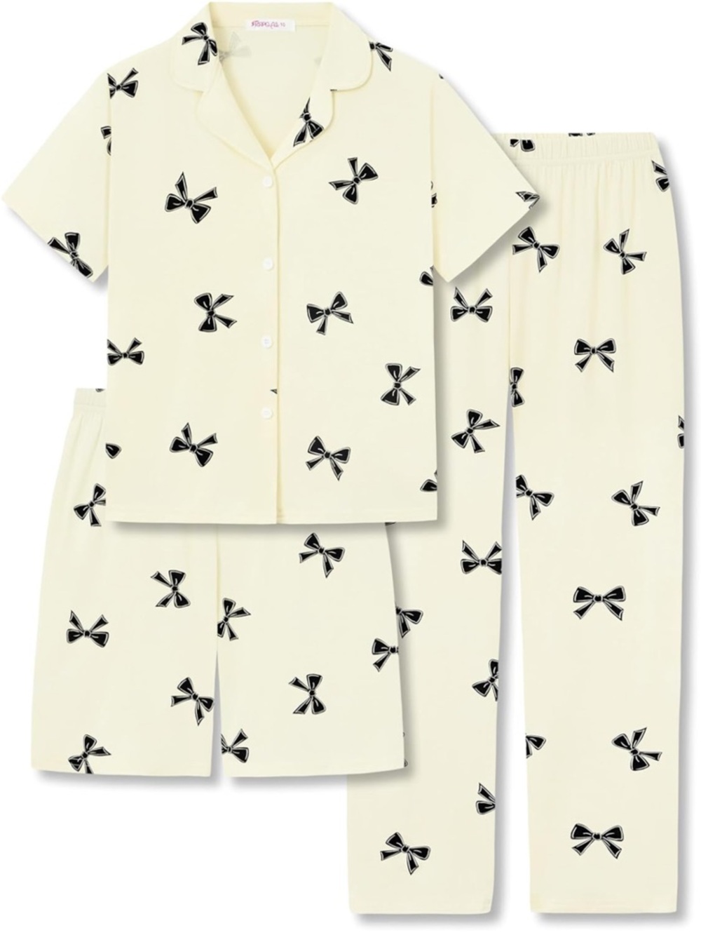 3 Piece Kids Cream Short-Sleeve and Long Pajama Set with Black Bow Print